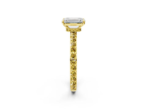 Yellow gold Emerald Cut Diamond Pavé Engagement Ring with Round with Yellow Sapphire side stone Accents and Prong Setting_2