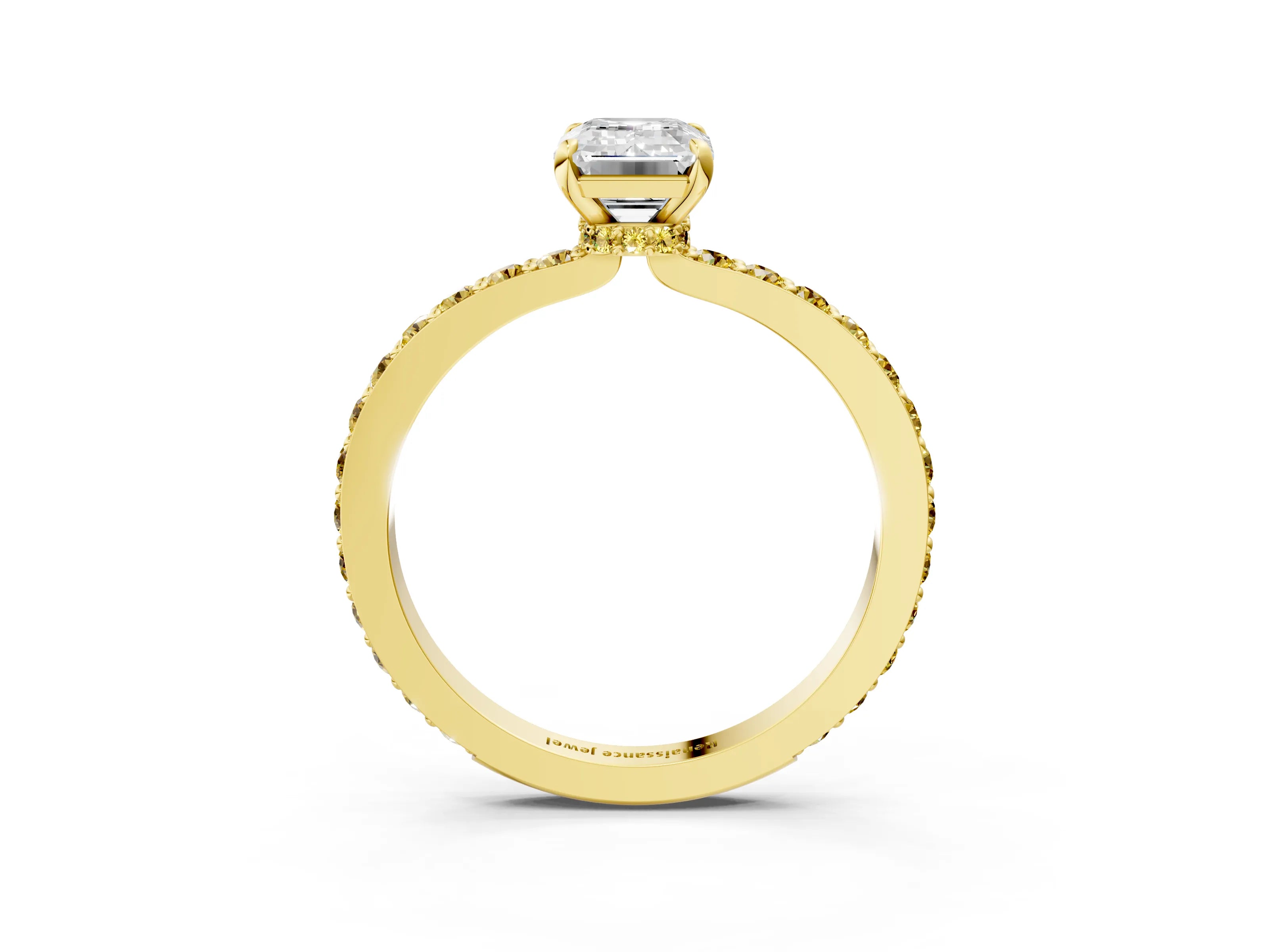 Yellow gold Emerald Cut Diamond Pavé Engagement Ring with Round with Yellow Sapphire side stone Accents and Prong Setting_3