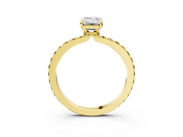 Yellow gold Emerald Cut Diamond Pavé Engagement Ring with Round with Yellow Sapphire side stone Accents and Prong Setting