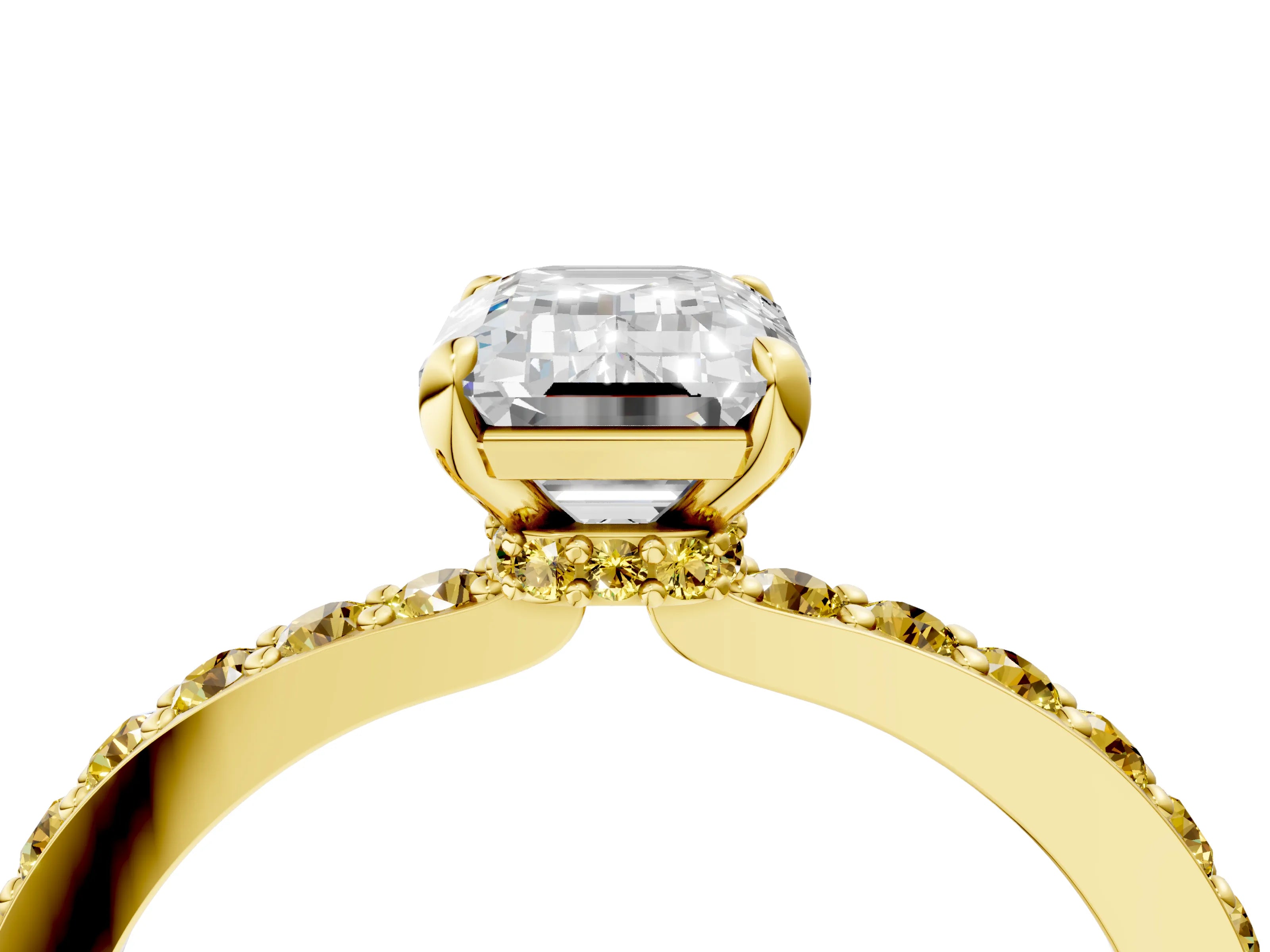 Yellow gold Emerald Cut Diamond Pavé Engagement Ring with Round with Yellow Sapphire side stone Accents and Prong Setting_4