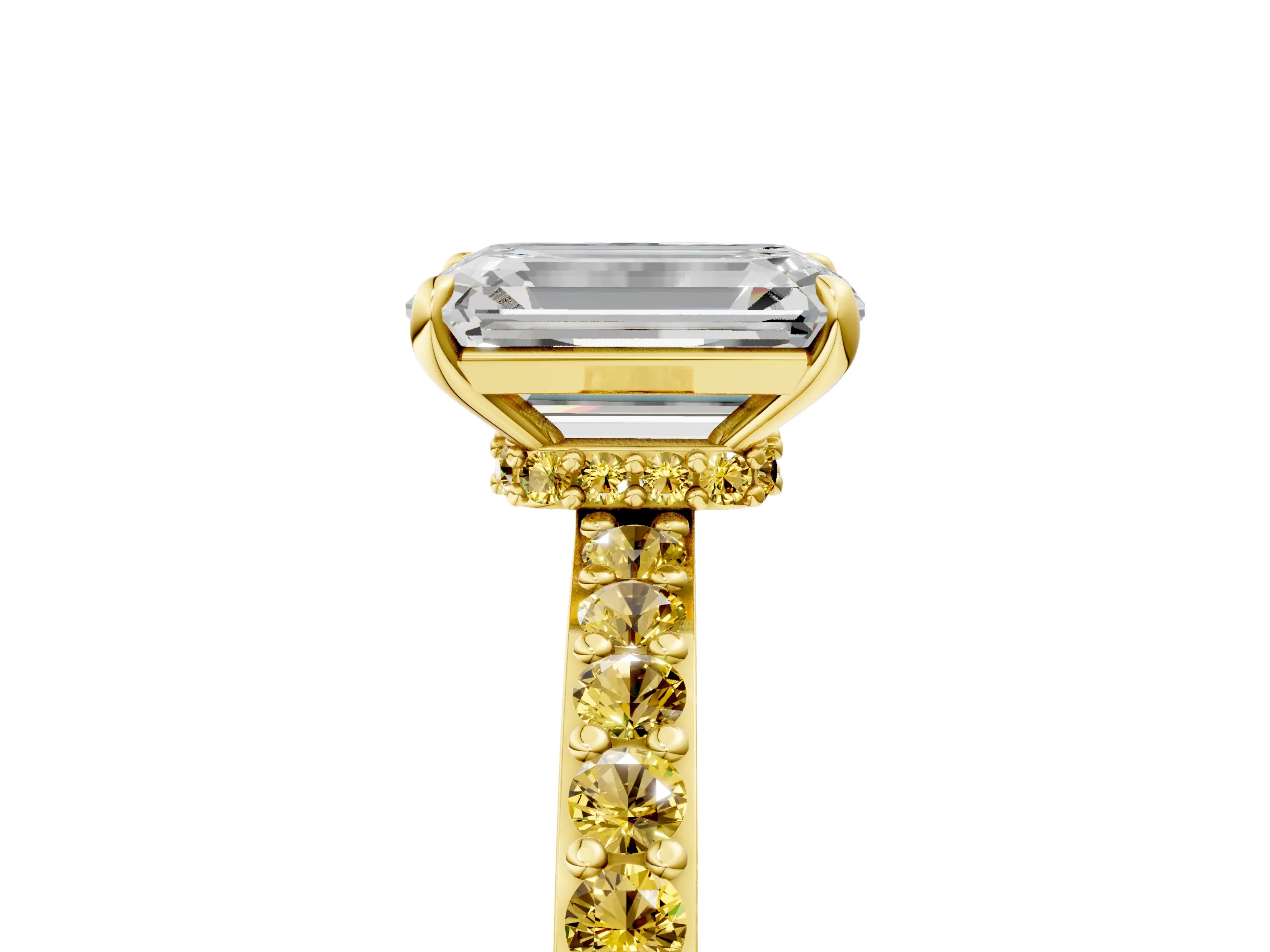 Yellow gold Emerald Cut Diamond Pavé Engagement Ring with Round with Yellow Sapphire side stone Accents and Prong Setting_5