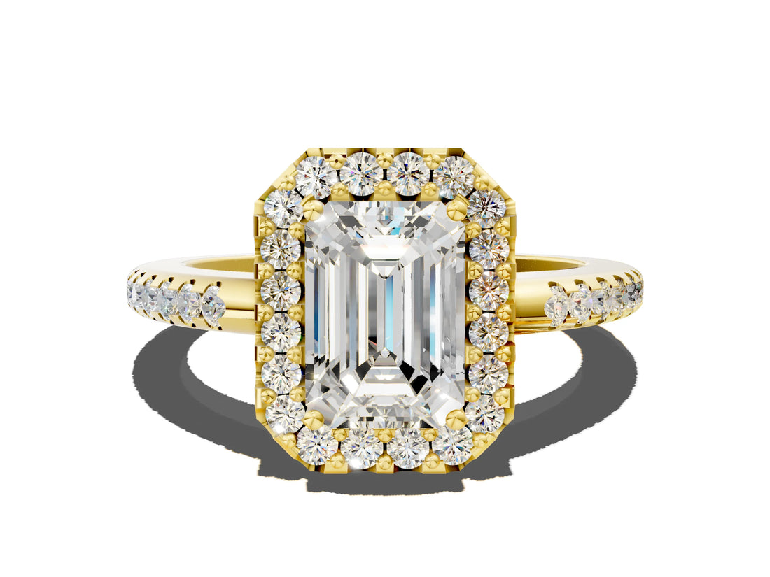 Yellow gold Emerald Cut Diamond Pavé Halo Ring with Four-Prong Setting_36