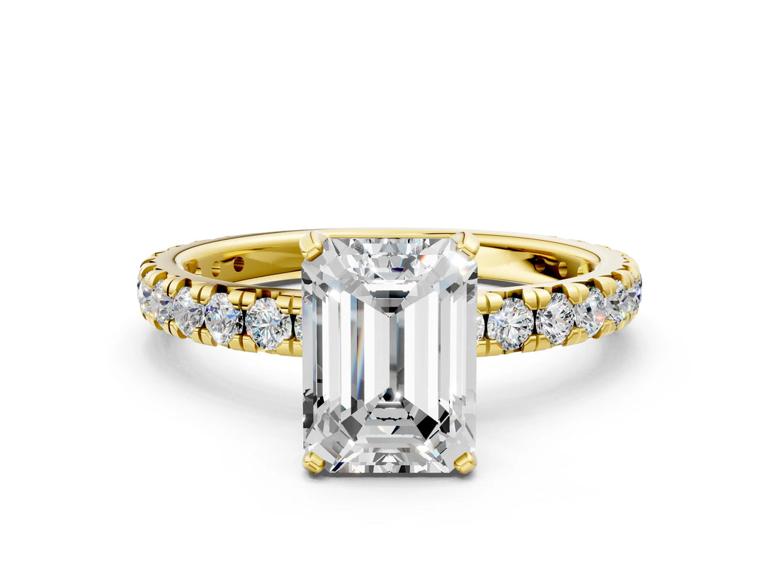 Yellow gold Emerald Cut Diamond Pavé Solitaire Ring with Round Band and Prong Setting_12
