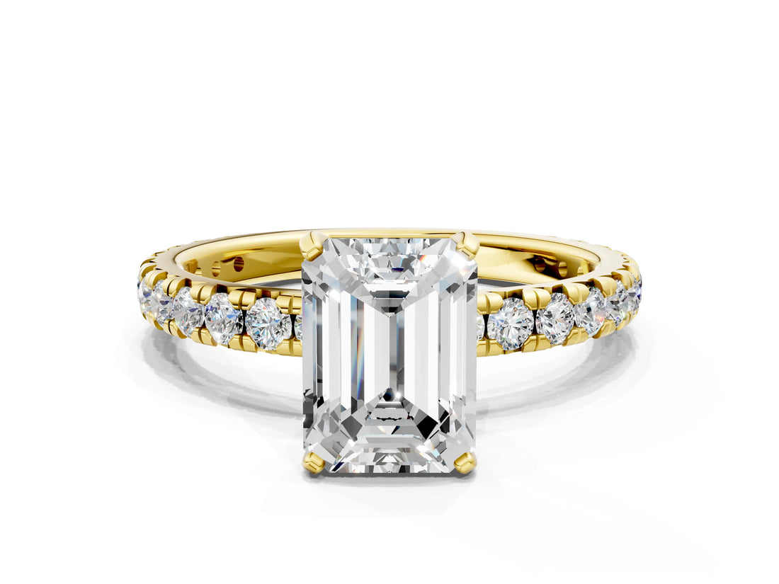 Yellow gold Emerald Cut Diamond Pavé Solitaire Ring with Round Band and Prong Setting_24