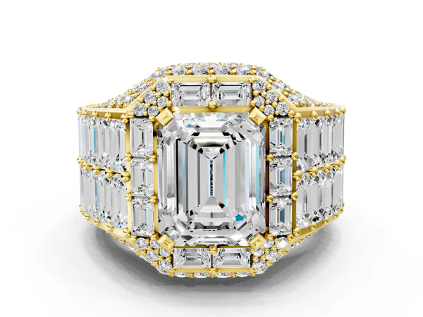 Yellow gold Emerald Cut Diamond Pavé Statement Mens Ring with Baguette Accents