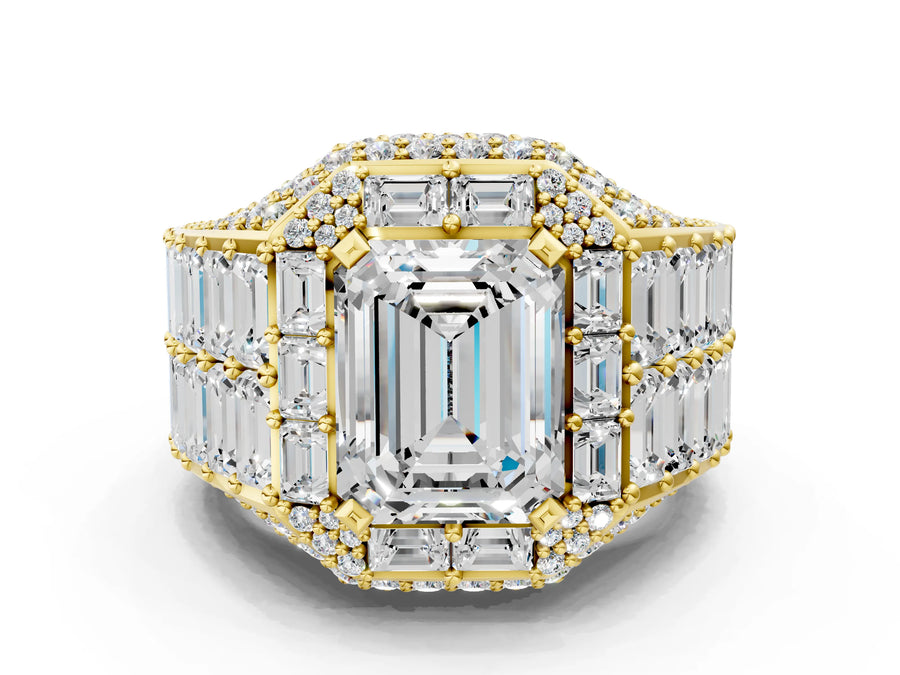 Yellow gold Emerald Cut Diamond Pavé Statement Mens Ring with Baguette Accents