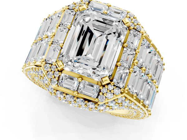 Yellow gold Emerald Cut Diamond Pavé Statement Mens Ring with Baguette Accents