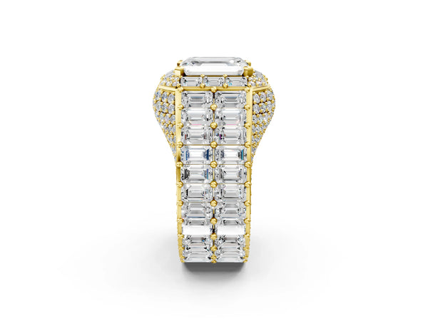 Yellow gold Emerald Cut Diamond Pavé Statement Mens Ring with Baguette Accents