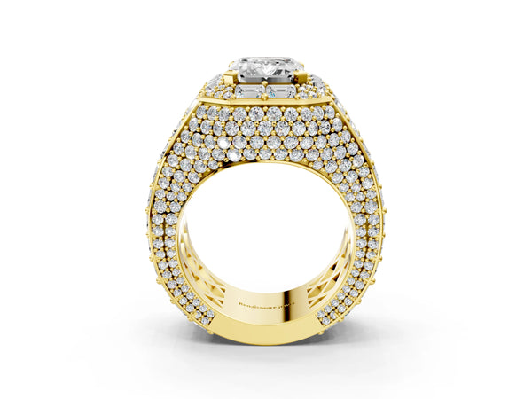Yellow gold Emerald Cut Diamond Pavé Statement Mens Ring with Baguette Accents