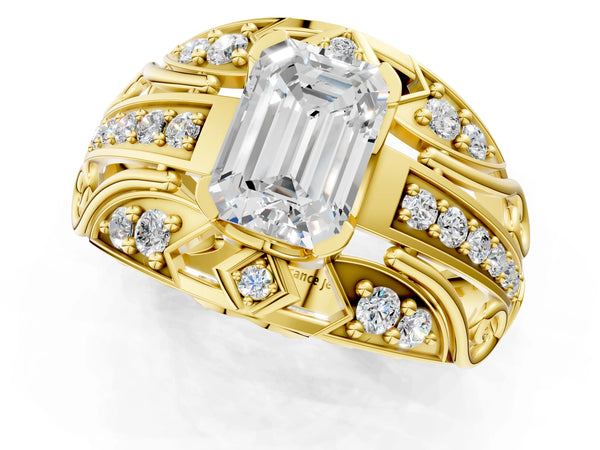 Yellow gold Emerald Cut Diamond Pave Art Deco Split Shank Ring with Four-Prong Setting