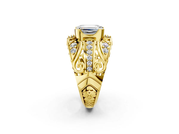 Yellow gold Emerald Cut Diamond Pave Art Deco Split Shank Ring with Four-Prong Setting