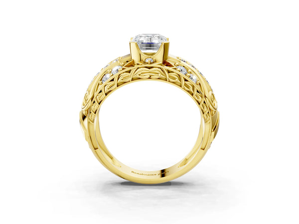 Yellow gold Emerald Cut Diamond Pave Art Deco Split Shank Ring with Four-Prong Setting