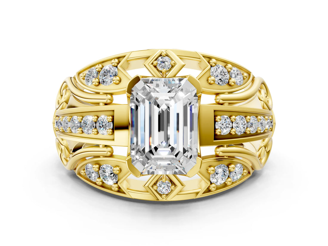 Yellow gold Emerald Cut Diamond Pave Art Deco Split Shank Ring with Four-Prong Setting_9