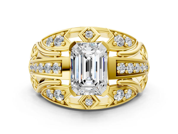 Yellow gold Emerald Cut Diamond Pave Art Deco Split Shank Ring with Four-Prong Setting