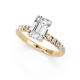 10K Yellow Gold 1.03 Carat F VS1 Emerald Cut Diamond Pave Band Solitaire Ring with Four-Prong Setting