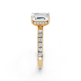 10K Yellow Gold 1.03 Carat F VS1 Emerald Cut Diamond Pave Band Solitaire Ring with Four-Prong Setting