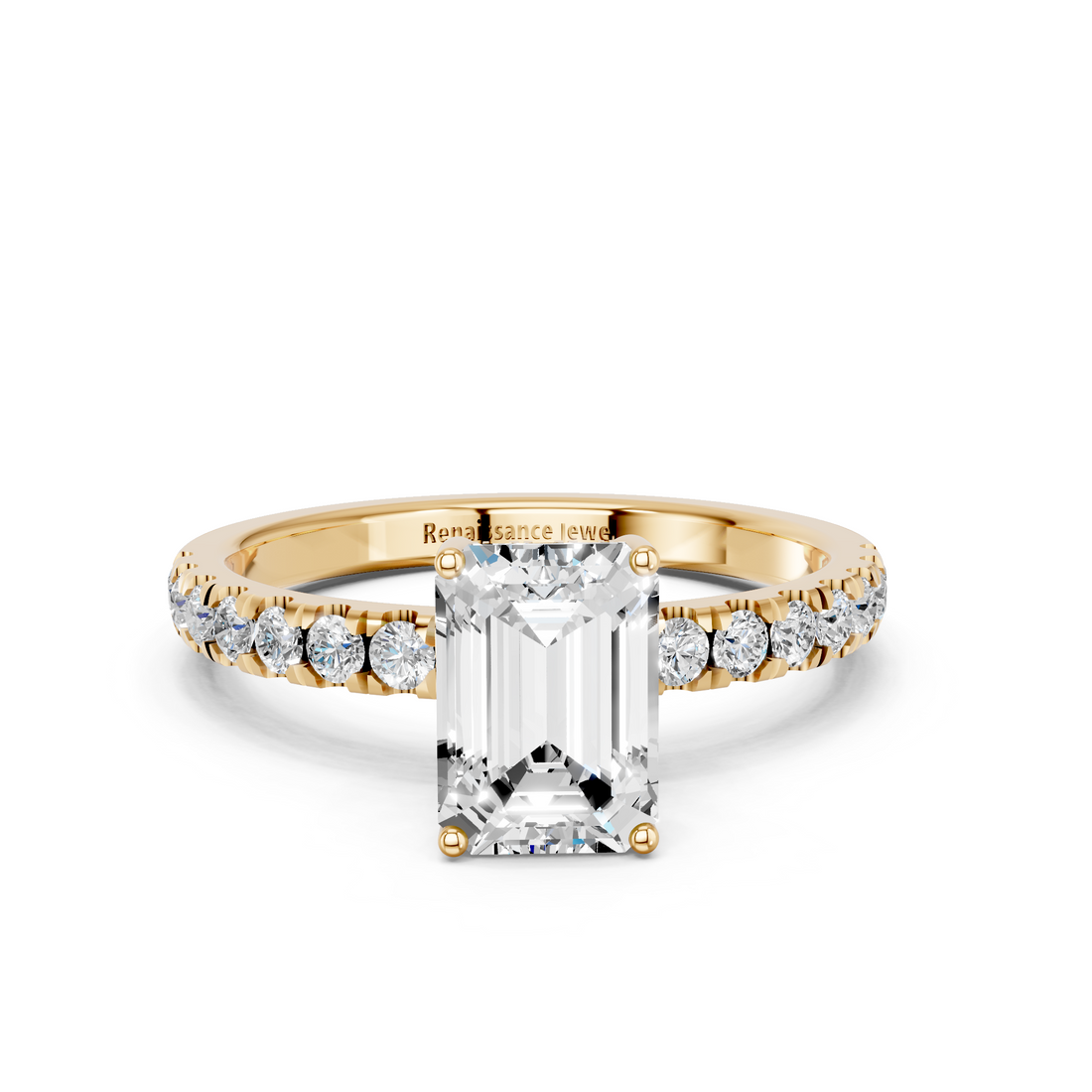 10K Yellow Gold 1.03 Carat F VS1 Emerald Cut Diamond Pave Band Solitaire Ring with Four-Prong Setting