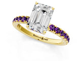 Yellow gold Emerald Cut Diamond Pave Band Solitaire Ring with Round with Amethyst side stone and Prong Setting_1