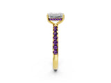 Yellow gold Emerald Cut Diamond Pave Band Solitaire Ring with Round with Amethyst side stone and Prong Setting_2