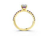 Yellow gold Emerald Cut Diamond Pave Band Solitaire Ring with Round with Amethyst side stone and Prong Setting_3
