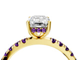 Yellow gold Emerald Cut Diamond Pave Band Solitaire Ring with Round with Amethyst side stone and Prong Setting_4
