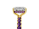 Yellow gold Emerald Cut Diamond Pave Band Solitaire Ring with Round with Amethyst side stone and Prong Setting_5