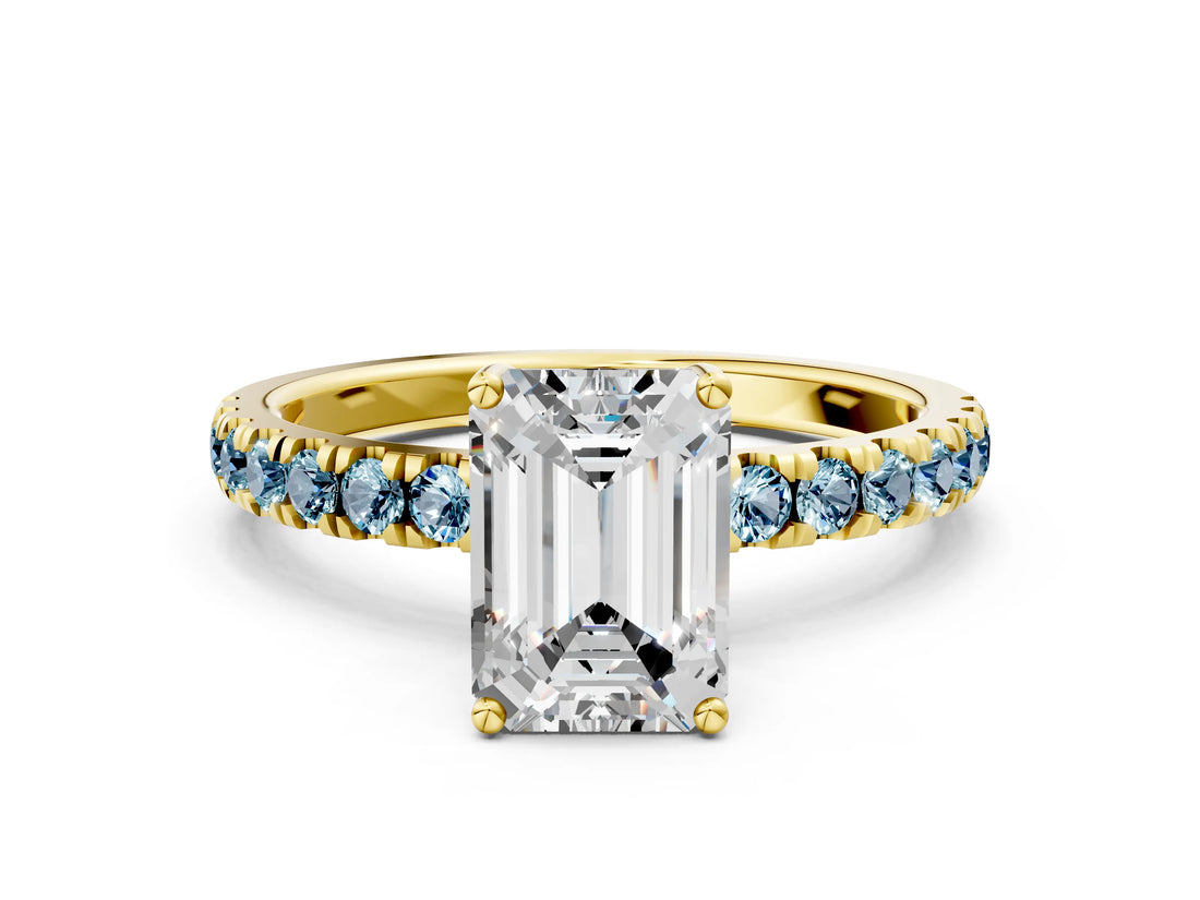 Yellow gold Emerald Cut Diamond Pave Band Solitaire Ring with Round with Aquamarine side stone and Prong Setting_12