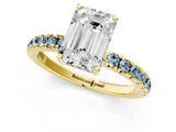 Yellow gold Emerald Cut Diamond Pave Band Solitaire Ring with Round with Aquamarine side stone and Prong Setting_13