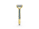 Yellow gold Emerald Cut Diamond Pave Band Solitaire Ring with Round with Aquamarine side stone and Prong Setting_14