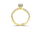 Yellow gold Emerald Cut Diamond Pave Band Solitaire Ring with Round with Aquamarine side stone and Prong Setting_15