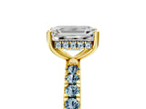 Yellow gold Emerald Cut Diamond Pave Band Solitaire Ring with Round with Aquamarine side stone and Prong Setting_17
