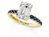 Yellow gold Emerald Cut Diamond Pave Band Solitaire Ring with Round with Blue Sapphire side stone and Prong Setting_13