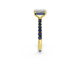 Yellow gold Emerald Cut Diamond Pave Band Solitaire Ring with Round with Blue Sapphire side stone and Prong Setting_14