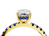 Yellow gold Emerald Cut Diamond Pave Band Solitaire Ring with Round with Blue Sapphire side stone and Prong Setting_16