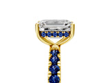 Yellow gold Emerald Cut Diamond Pave Band Solitaire Ring with Round with Blue Sapphire side stone and Prong Setting_17