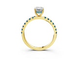 Yellow gold Emerald Cut Diamond Pave Band Solitaire Ring with Round with Blue Topaz side stone and Prong Setting_15