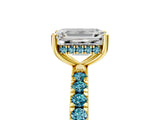 Yellow gold Emerald Cut Diamond Pave Band Solitaire Ring with Round with Blue Topaz side stone and Prong Setting_17