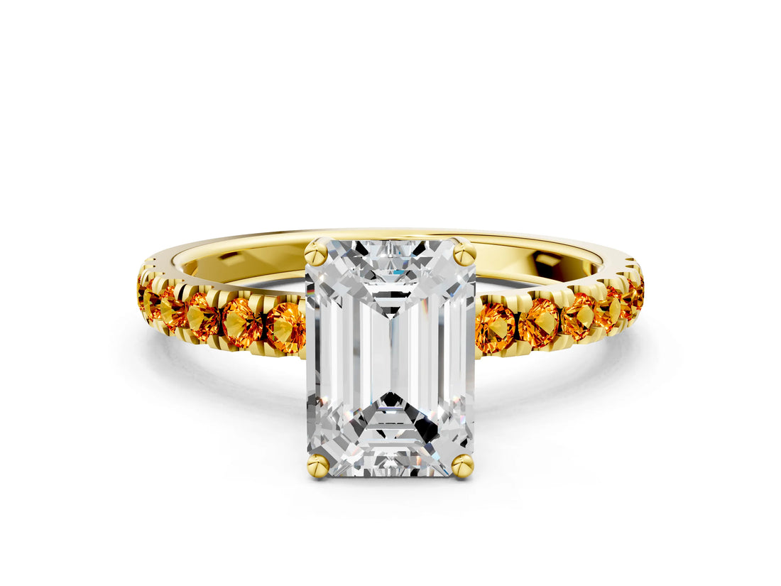 Yellow gold Emerald Cut Diamond Pave Band Solitaire Ring with Round with Citrine side stone and Prong Setting