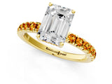 Yellow gold Emerald Cut Diamond Pave Band Solitaire Ring with Round with Citrine side stone and Prong Setting_1