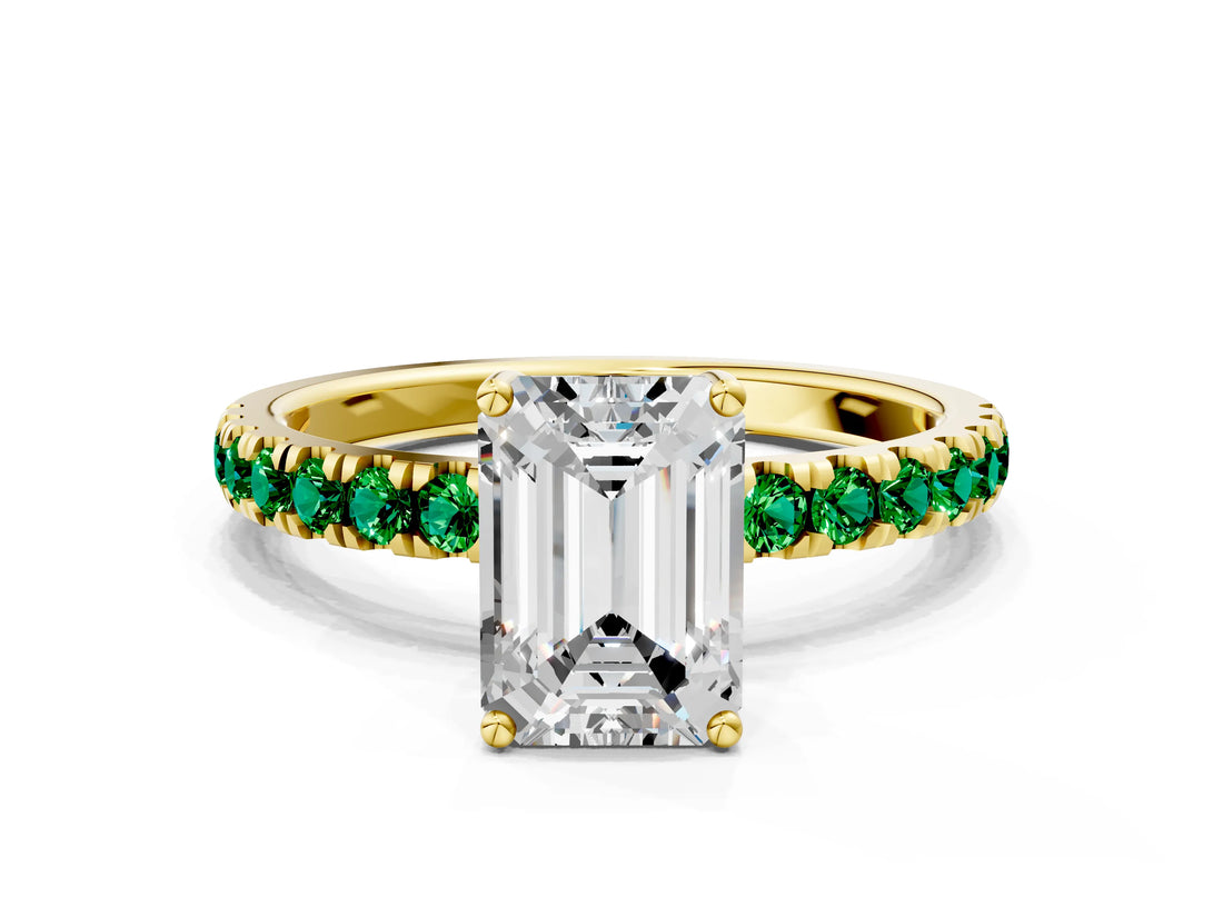Yellow gold Emerald Cut Diamond Pave Band Solitaire Ring with Round with Emerald side stone and Prong Setting