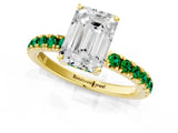 Yellow gold Emerald Cut Diamond Pave Band Solitaire Ring with Round with Emerald side stone and Prong Setting_1