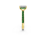 Yellow gold Emerald Cut Diamond Pave Band Solitaire Ring with Round with Emerald side stone and Prong Setting_2
