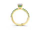 Yellow gold Emerald Cut Diamond Pave Band Solitaire Ring with Round with Emerald side stone and Prong Setting_3