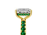 Yellow gold Emerald Cut Diamond Pave Band Solitaire Ring with Round with Emerald side stone and Prong Setting_5