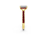Yellow gold Emerald Cut Diamond Pave Band Solitaire Ring with Round with Garnet side stone and Prong Setting_14