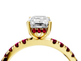 Yellow gold Emerald Cut Diamond Pave Band Solitaire Ring with Round with Garnet side stone and Prong Setting_16