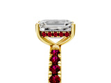Yellow gold Emerald Cut Diamond Pave Band Solitaire Ring with Round with Garnet side stone and Prong Setting_17