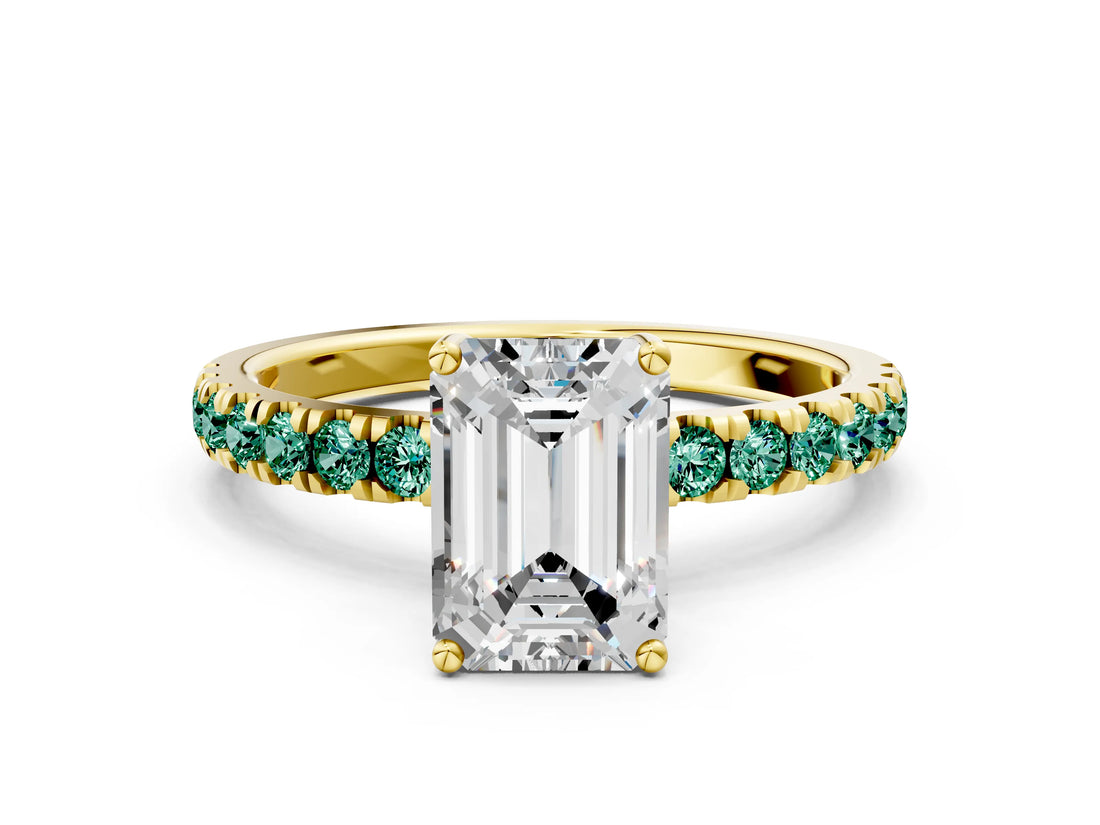 Yellow gold Emerald Cut Diamond Pave Band Solitaire Ring with Round with Green Sapphire side stone and Prong Setting_24