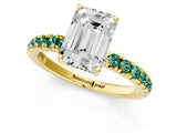 Yellow gold Emerald Cut Diamond Pave Band Solitaire Ring with Round with Green Sapphire side stone and Prong Setting_25