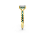 Yellow gold Emerald Cut Diamond Pave Band Solitaire Ring with Round with Green Sapphire side stone and Prong Setting_26